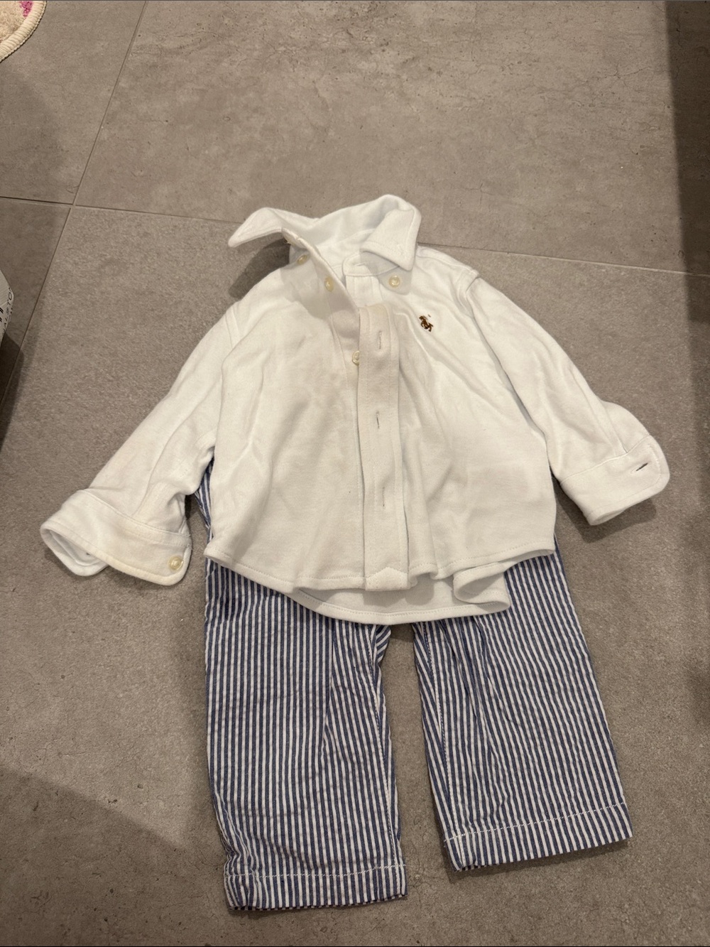Ralph Lauren White Button-Front Shirt with Blue Striped Pants